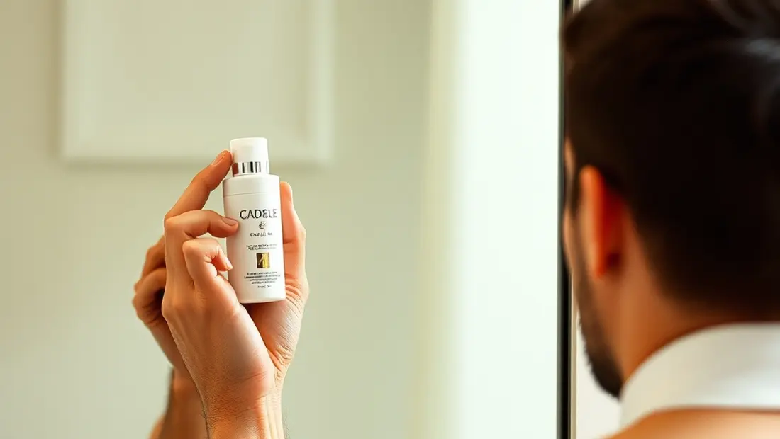 Homme tenant un produit de beauté devant un miroir