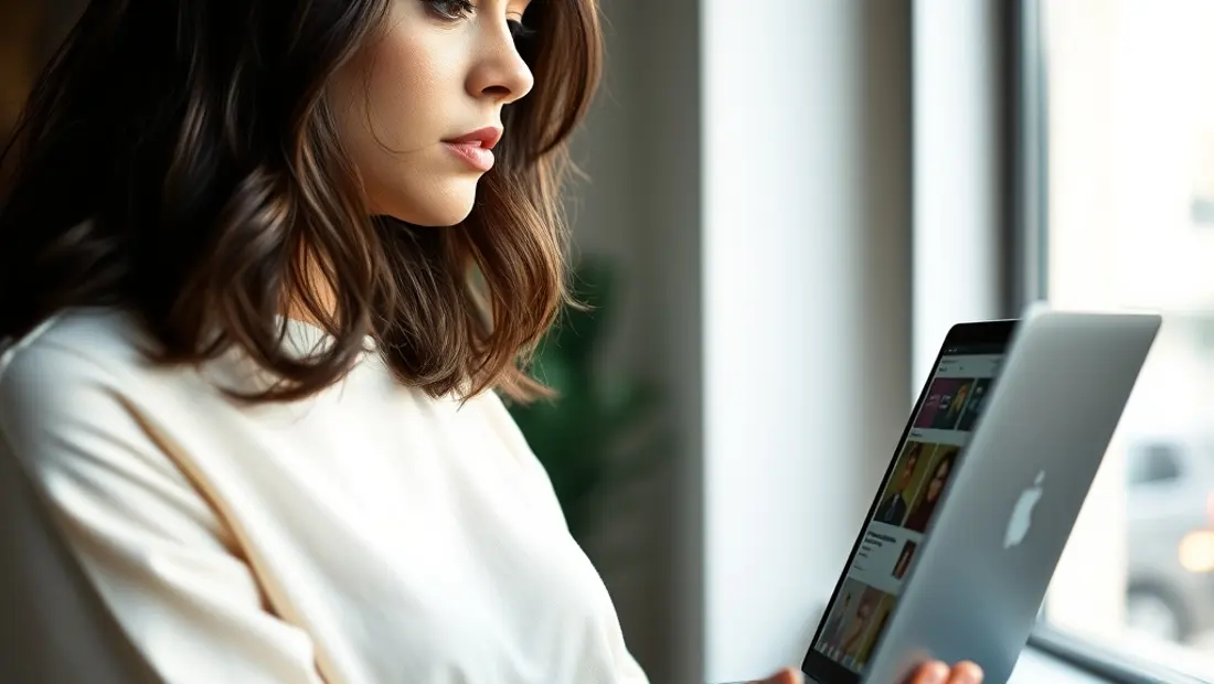 Femme vérifie un site en ligne avec précaution.