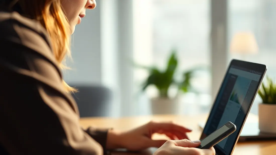 Femme commentant en ligne avec ordinateur et smartphone.