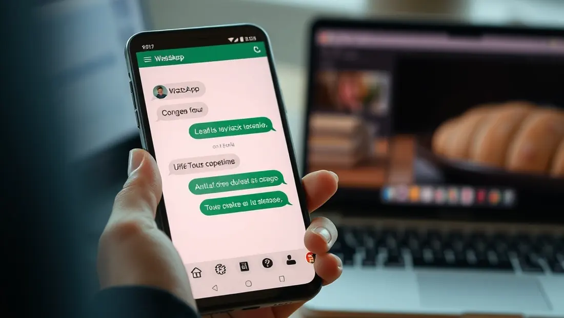 Smartphone avec conversation WhatsApp et ordinateur portable en arrière-plan.
