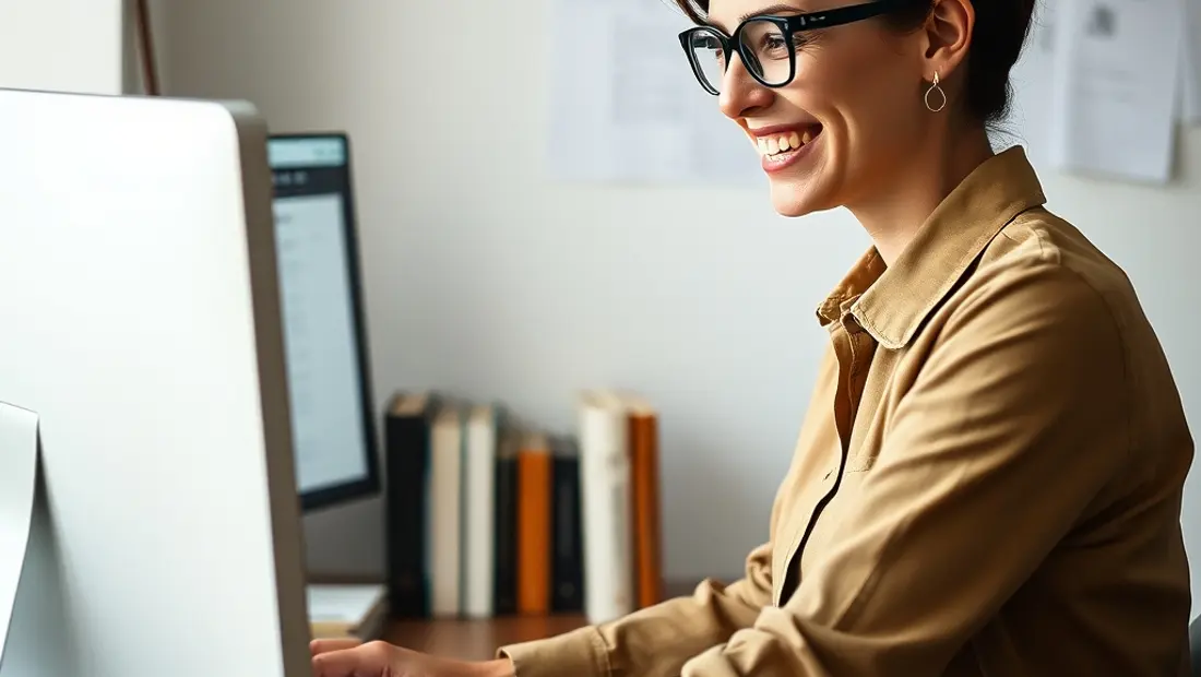Une personne heureuse devant un ordinateur