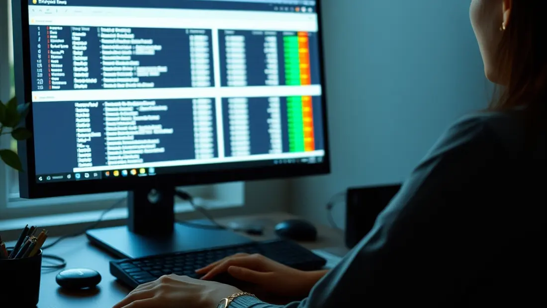 Femme travaillant sur ordinateur, analyse de données.