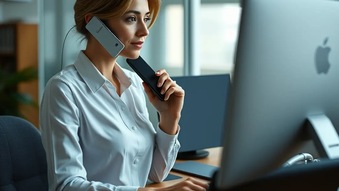 Femme travaillant à son bureau avec un écran et un téléphone