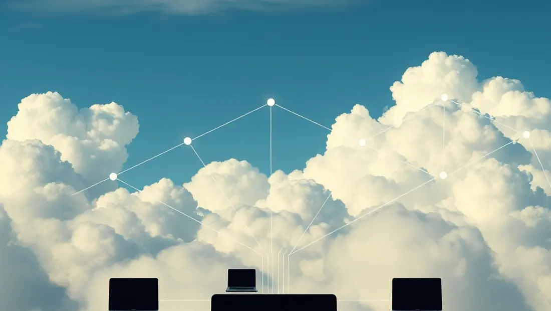 Diagramme de flux de données avec nuages et ordinateurs