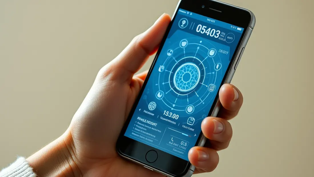Main tenant un smartphone avec interface graphique IA.