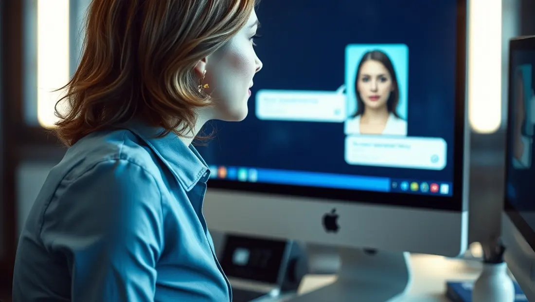 Une personne devant un ordinateur avec une interface de chat IA.