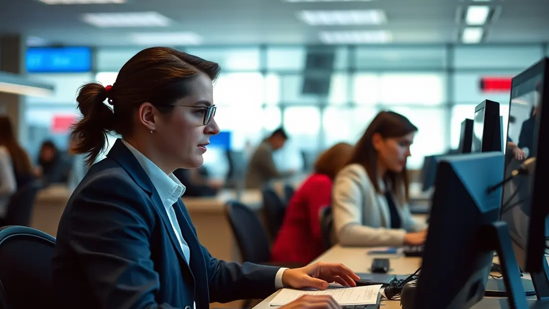 Banque moderne, travail collaboratif, employés à l'ordinateur
