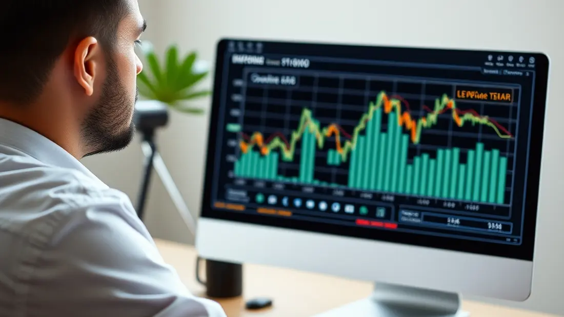 Employé, graphique financier, écran d'ordinateur