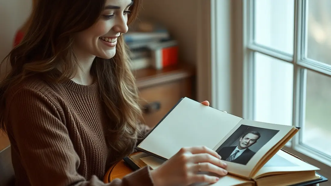 Une femme regardant une photo ancienne dans un album