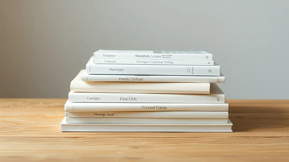 Livres blancs sur une table en bois.