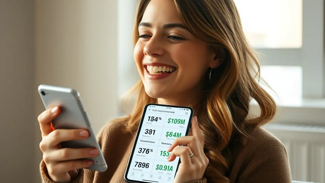 Une femme avec un smartphone et des statistiques marketing
