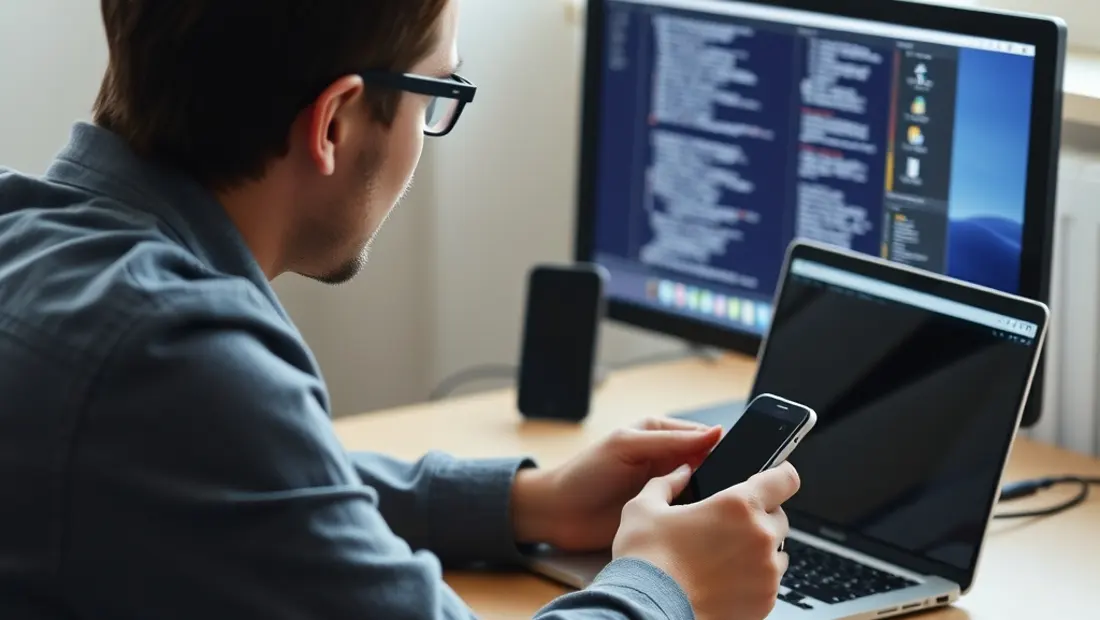 Une personne devant des appareils numériques.