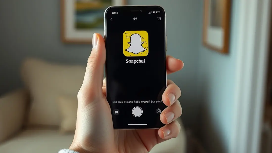 Une main tient un smartphone ouvert sur Snapchat.