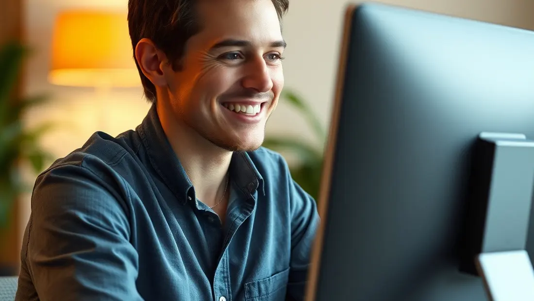 Une personne regardant un ordinateur avec un air satisfait
